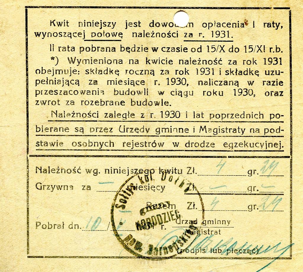 KKE 3529-a.jpg - Dokument. Stanisław Rutkowski wpłata za ubezpieczenie, Dołhe, 1931 r.